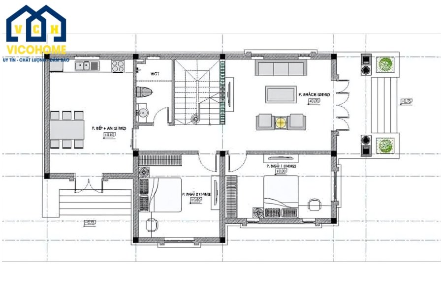 Mặt bằng công năng tầng 1 nhà 2 tầng 4 phòng ngủ 80m2